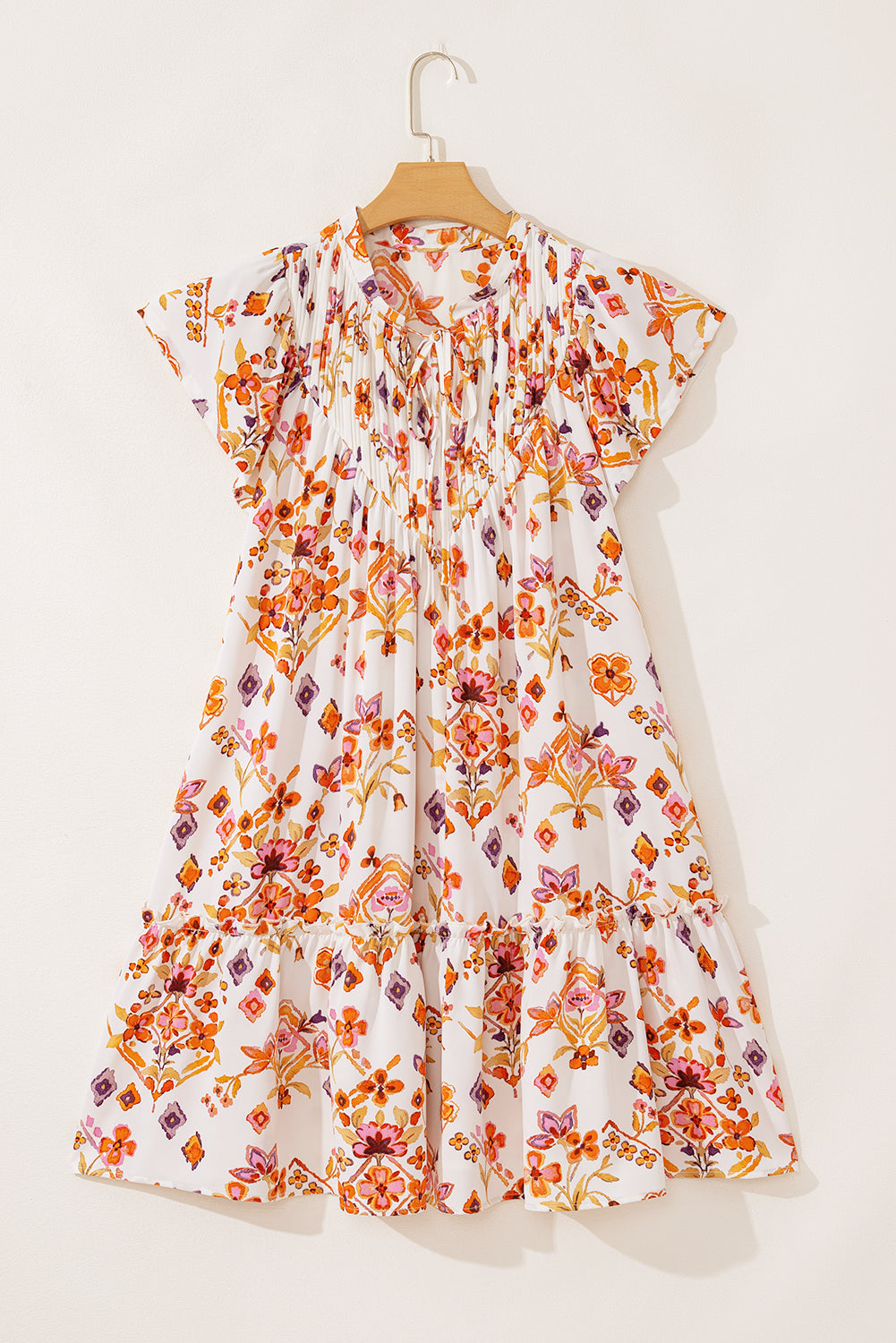 Floral Geometric Print Ruffled Trim Flutter Sleeve Mini Dress