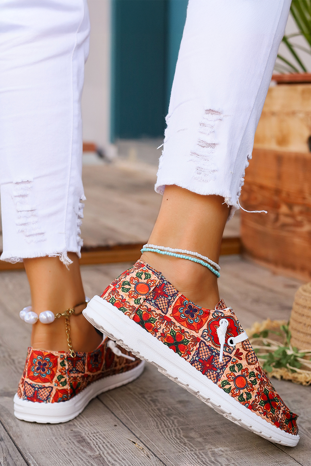 Western Printed Lacing Flat Slip On Shoes