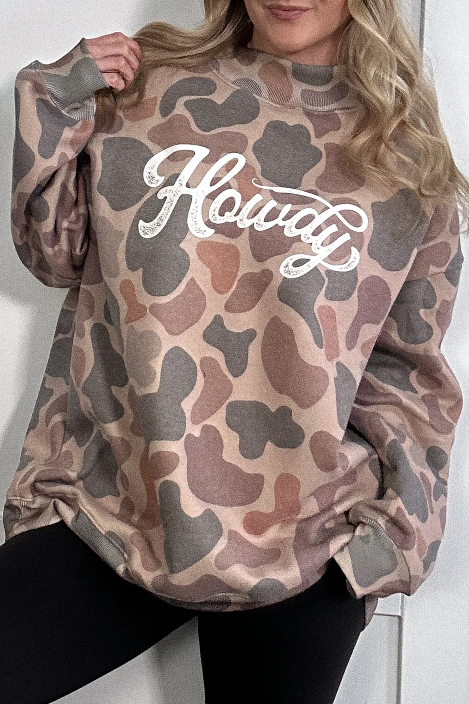 Camo Western Print Howdy Style Baggy Pullover Sweatshirt in Multicolour