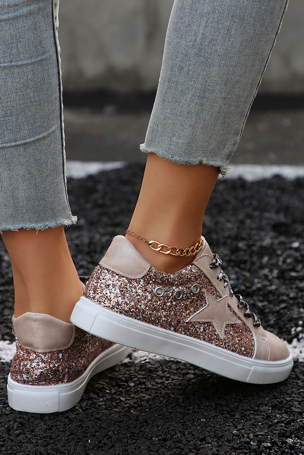 Patchwork Star Sequin Leopard Lace-up Shoes