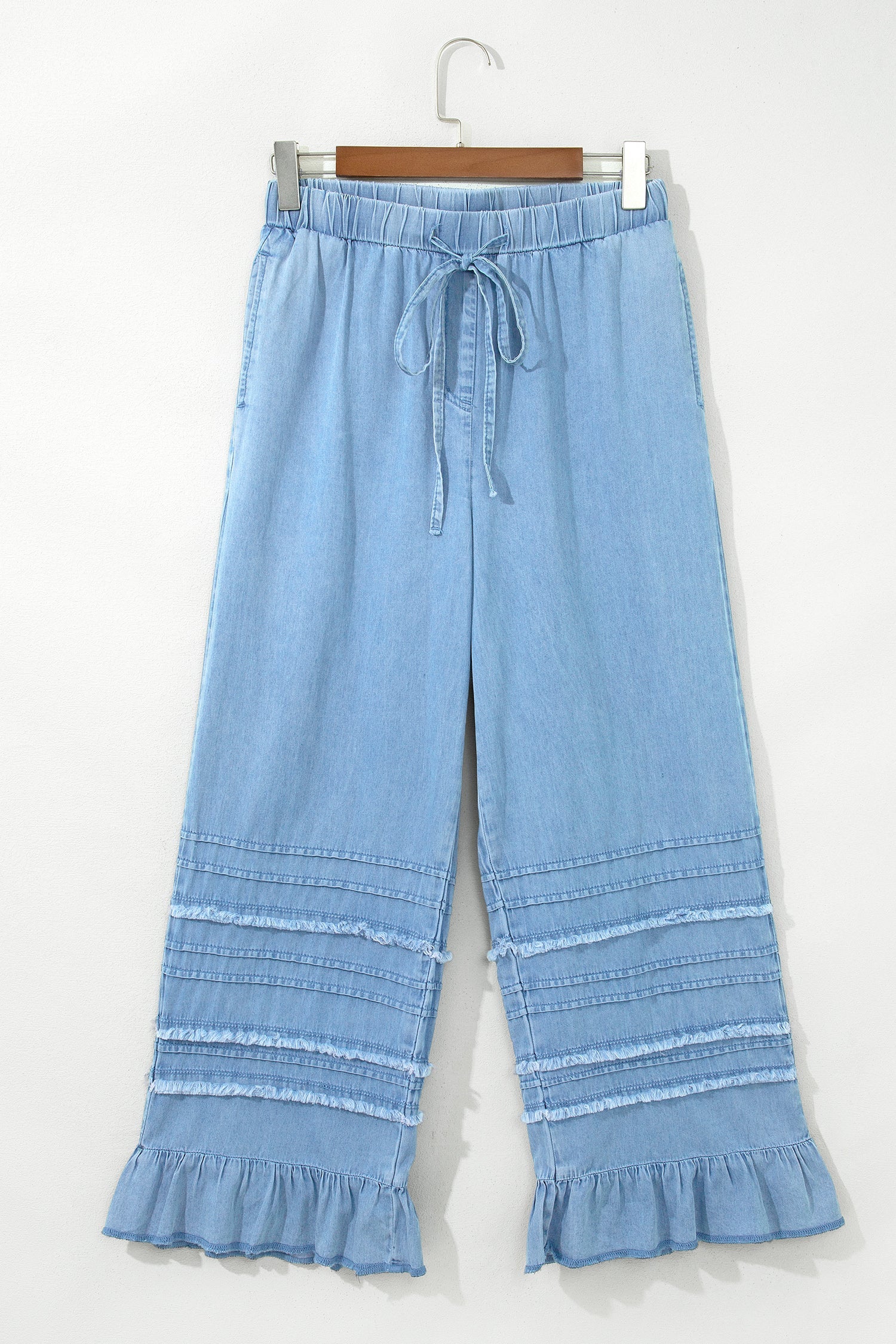 Everyday Ruffled Beau Blue Hem Wide-Leg Chambray Pants
