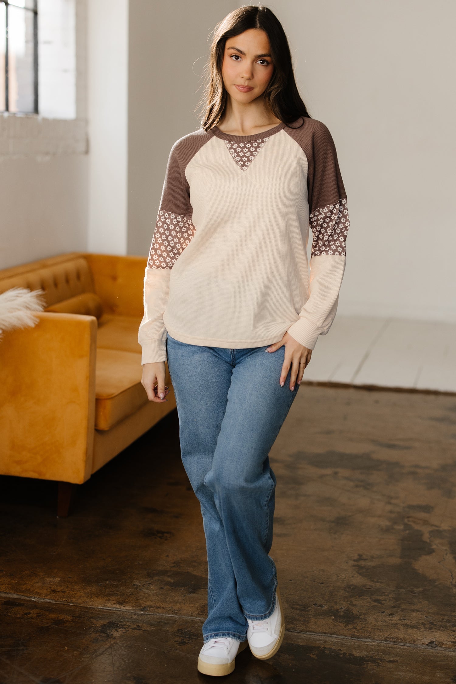 Floral-Print Patchwork Colorblock Long-Sleeved Top