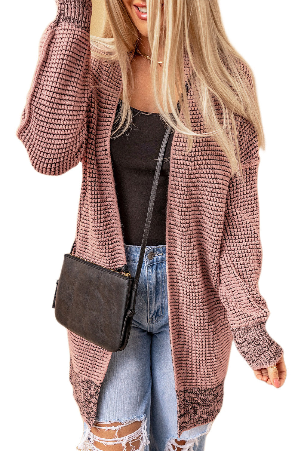 Women's Cardigan Featuring Plaid Knitted Long Open Front Pink