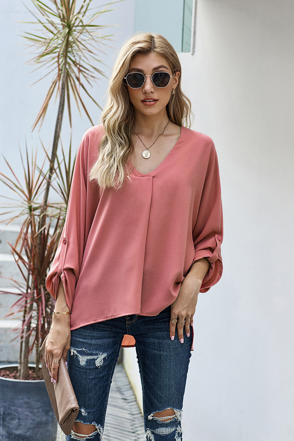 Shirt for Women Pink V Neck Three-Quarter Sleeve High Low Hem