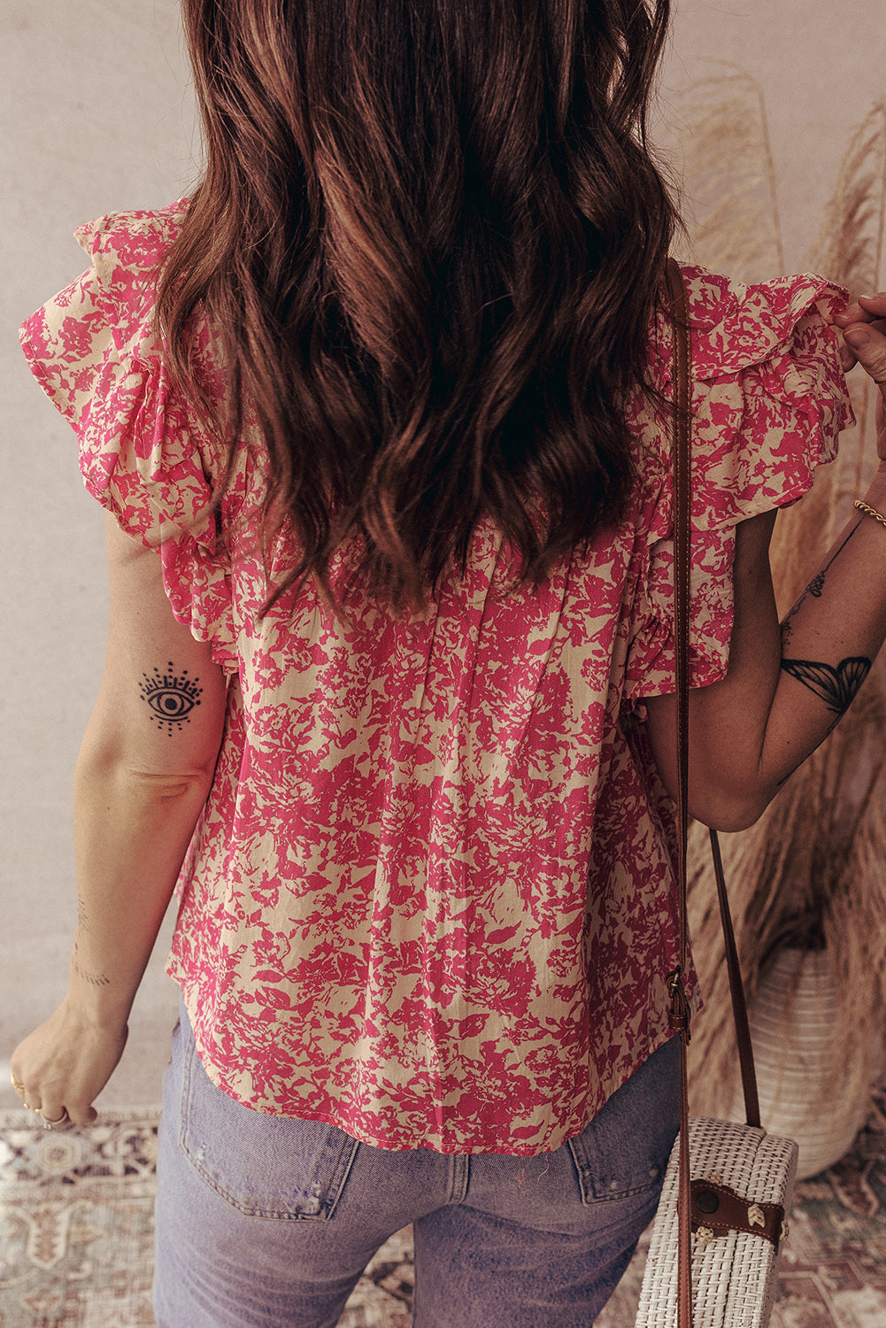 Half Allover Printed Button Neck Ruffle Sleeve Blouse