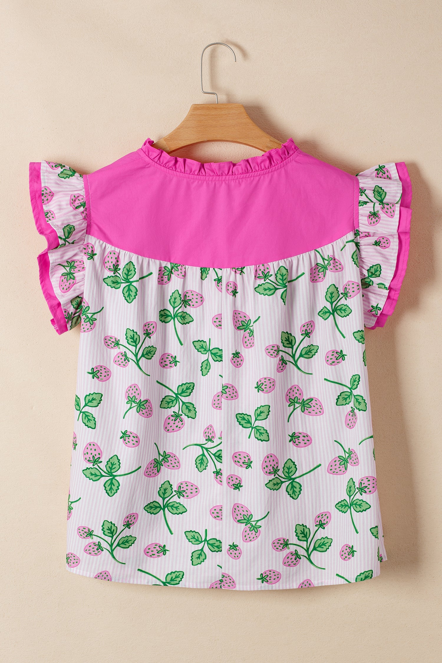 Printed Striped Strawberry Colorblock Patchwork V-Neck Flutter Sleeve Blouse