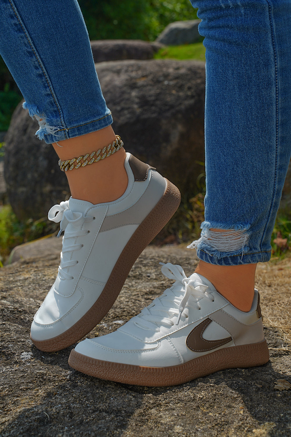 Color Contrast PU Leather Lace-up Sneakers
