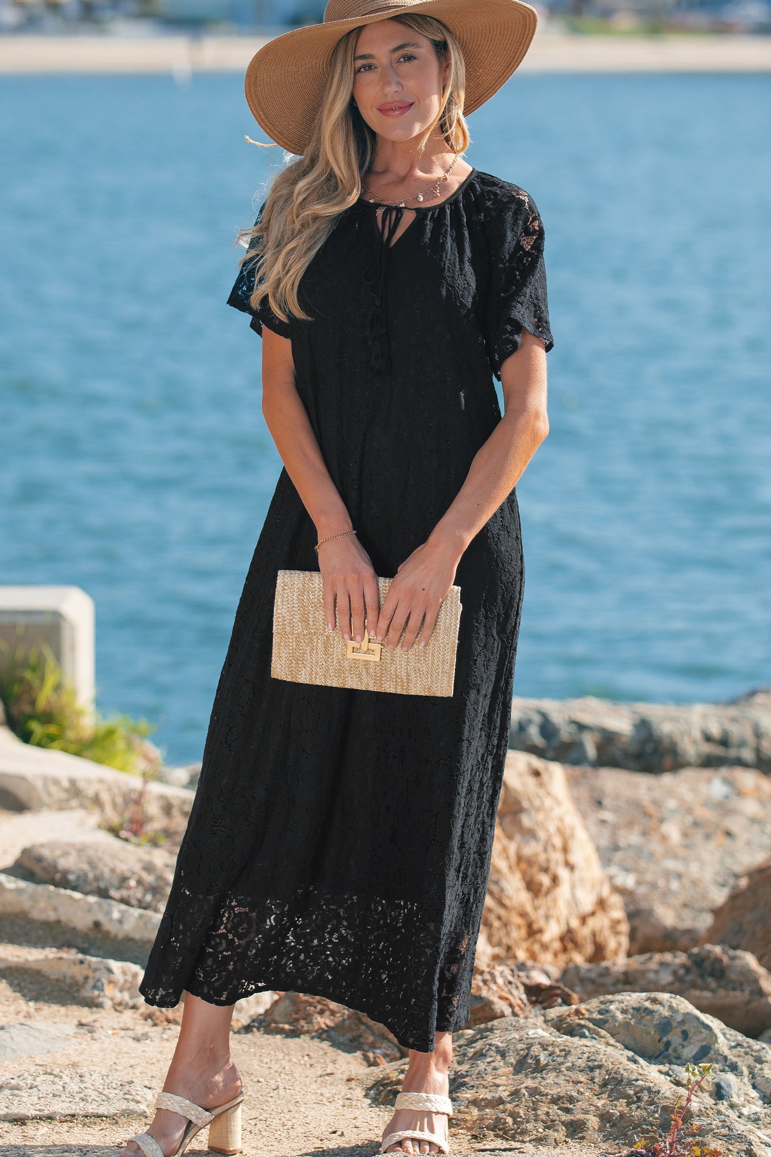 Lace Tie Overlay Tassel Short-Sleeved Beach Vacation Loose Maxi Dress in Black