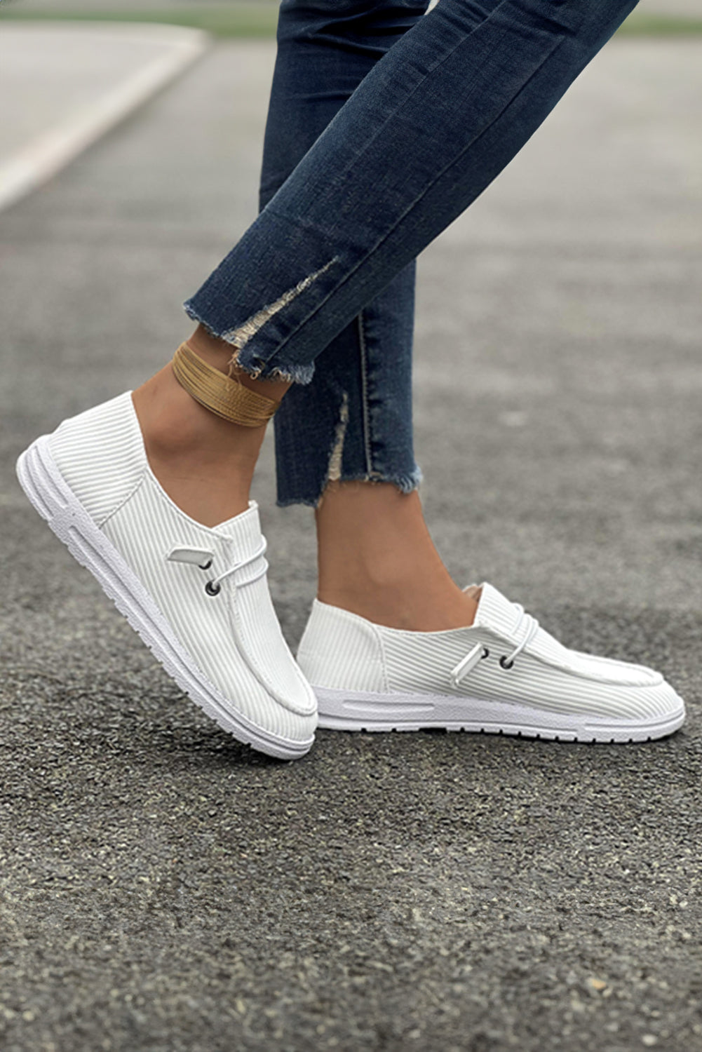 Lace-up Decor Rib-Knit Decor Slip On Shoes