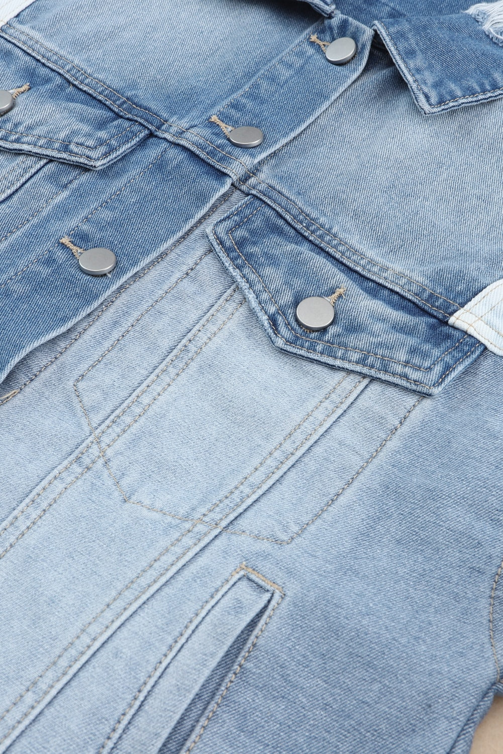 Women's Jacket Featuring Color-Block Denim Patchwork Frayed Hem