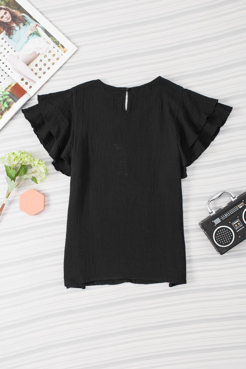 Crinkled Cotton Gauze Ruffle Sleeve Blouse