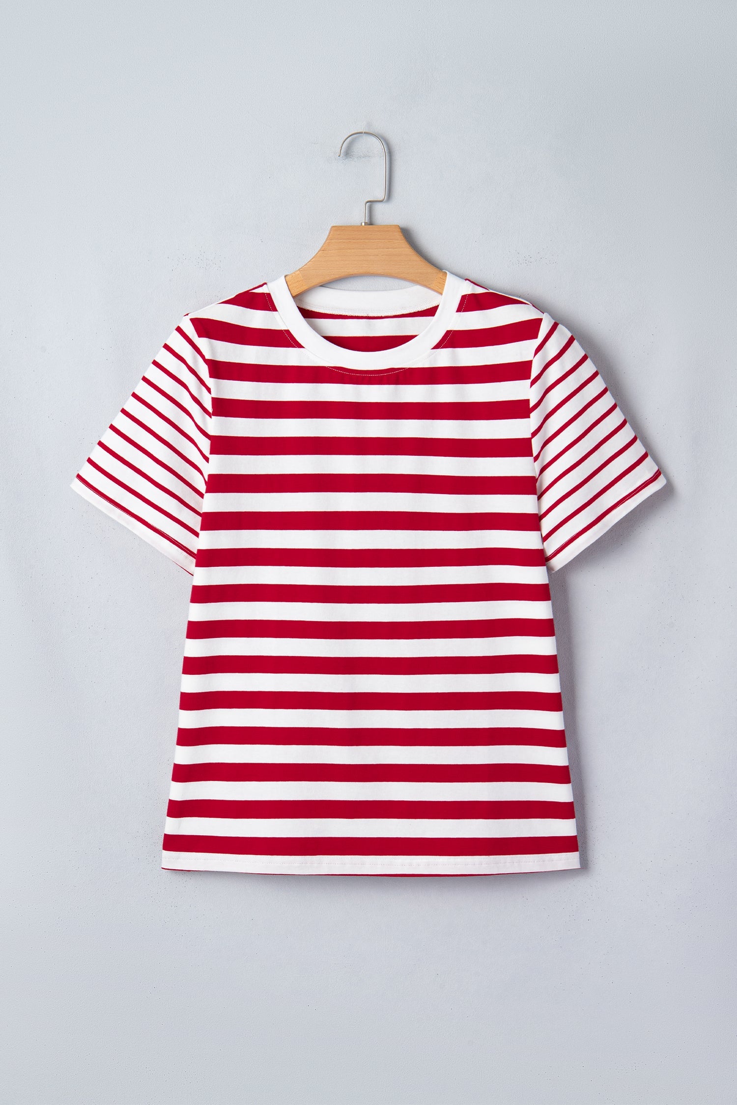 Stripe Patchwork Round-Neck Short-Sleeved T Shirt in Red