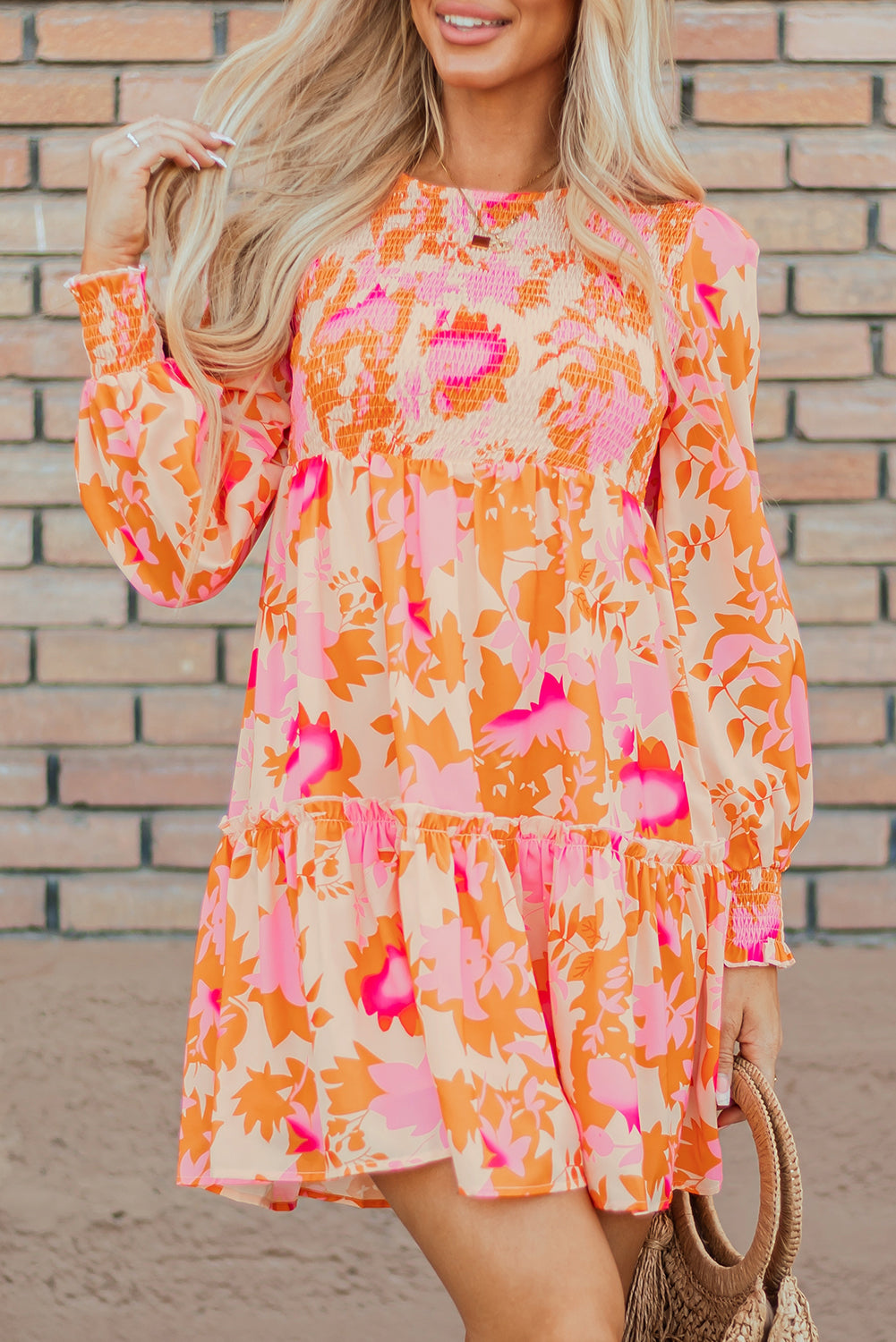 Women's Ruffle-Trimmed Shirred Lantern Sleeve Mini Dress