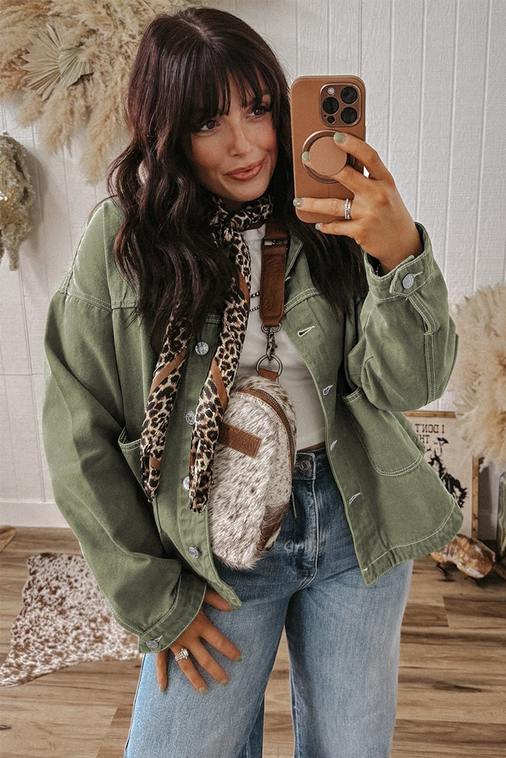 Collared Patched Pocket Button Front Boyfriend Denim Jacket