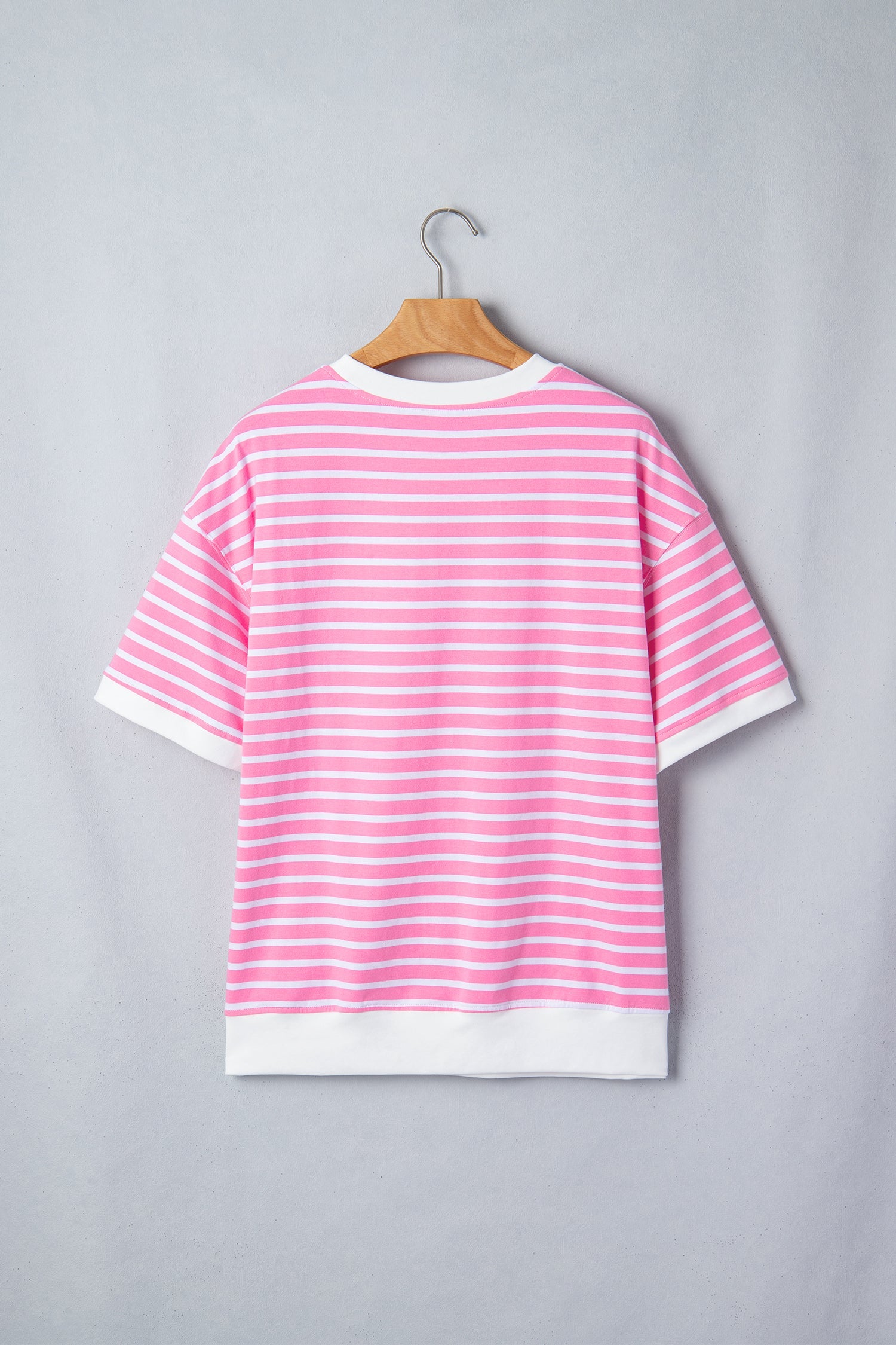 Round-Neck Short-Sleeved Stripe Short-Sleeved Loose Top in Pink
