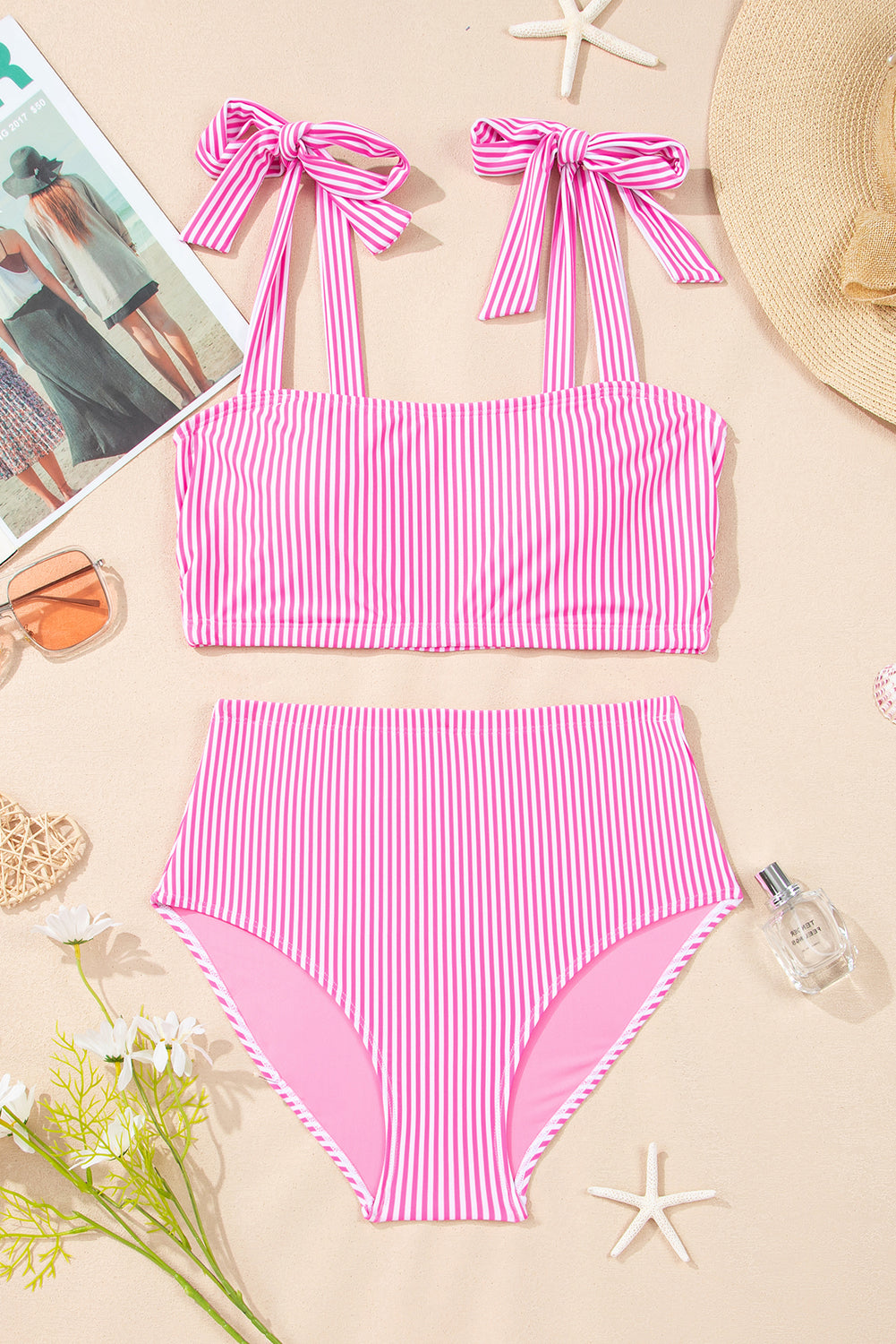 Stripe Print Rose Print Knot Straps 2pcs High-Waisted Bikini Swimsuit