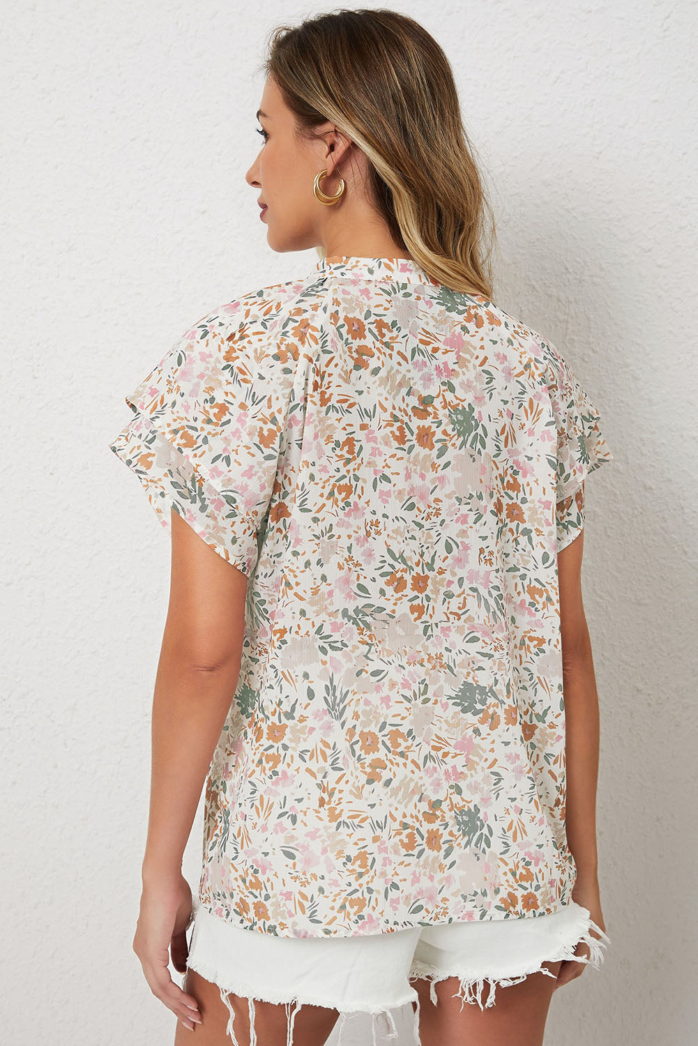 Women's Top with Multicolor Floral-Print Mandarin Collar