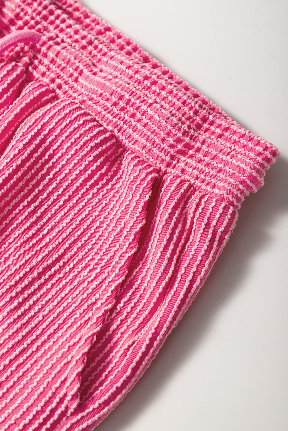 Bright Corded Pink Solid Knit Short-Sleeved T Shirt and Wide-Leg Pants Set