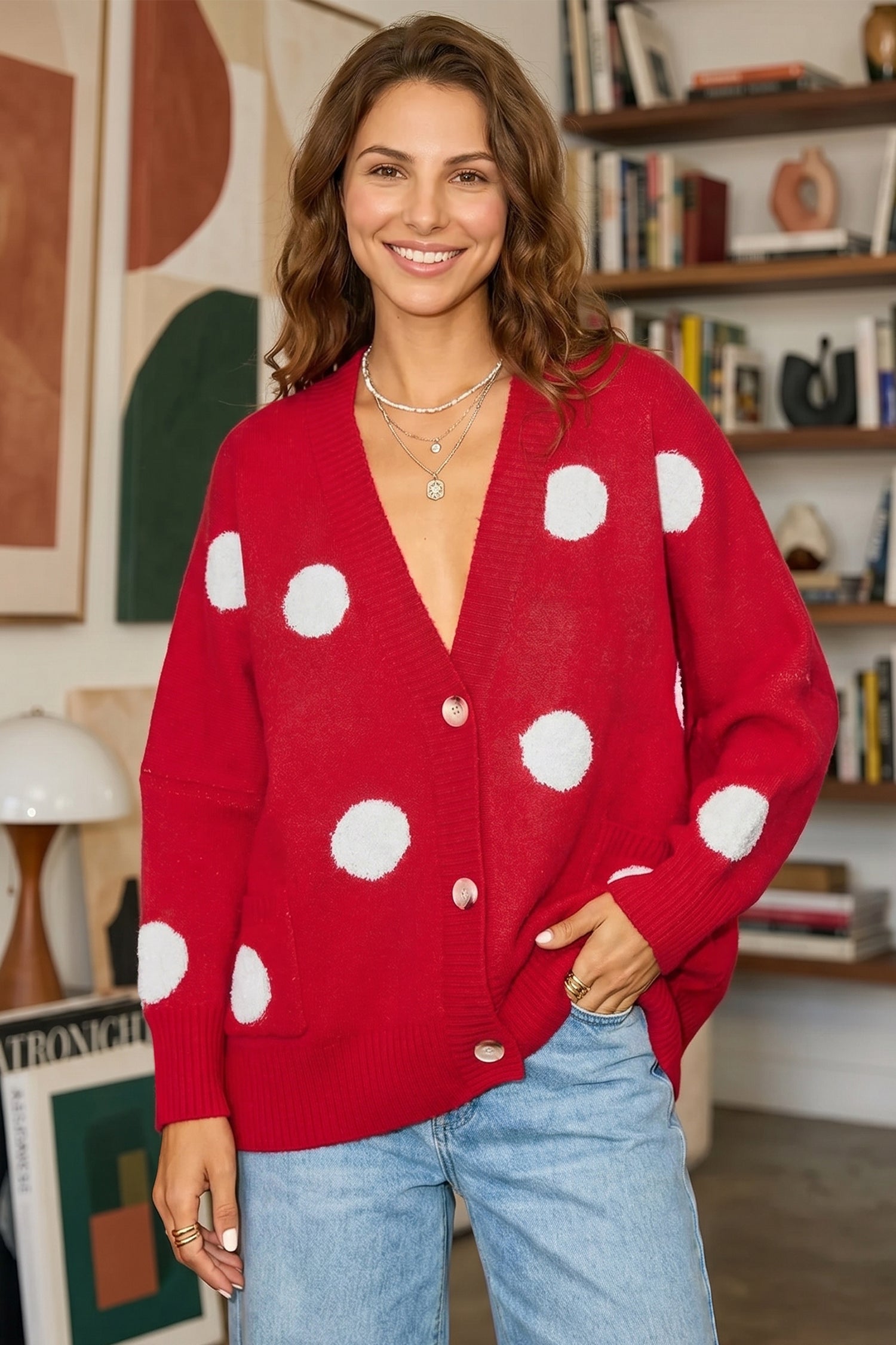 Front Polka-Dot Button Roomy V-Neck Cardigan in Red