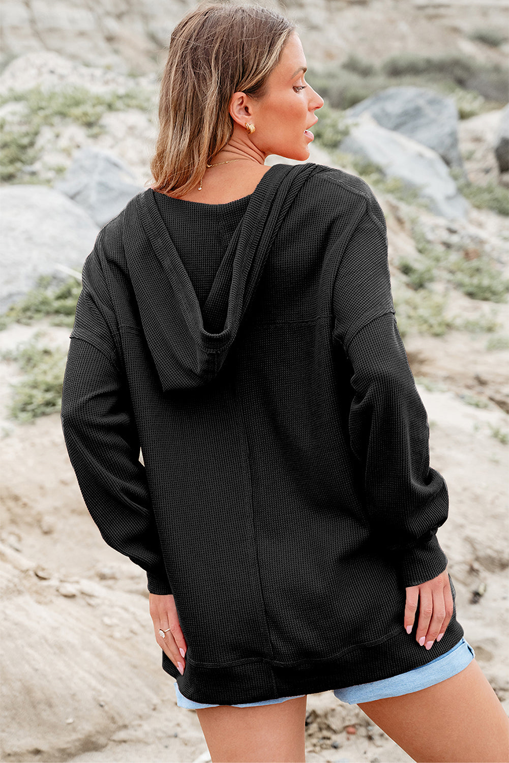 Waffle Drop-Shoulder Oversize Drop-Shoulder Exposed Seam V-Neck Hoodie Featuring Pockets Style