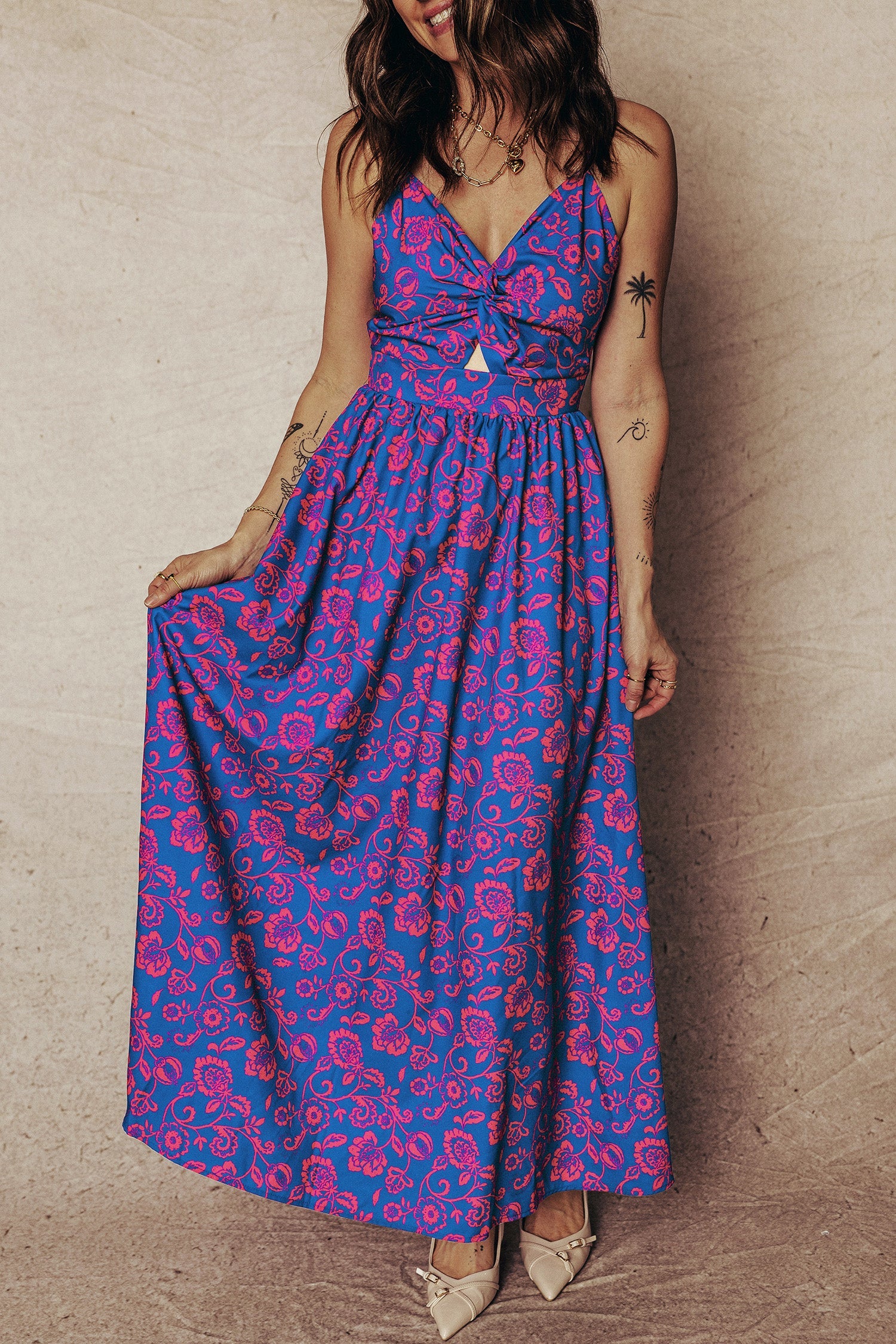 Twisted V-Neck Floral-Print V-Neck Tied Backless Maxi Dress in Blue