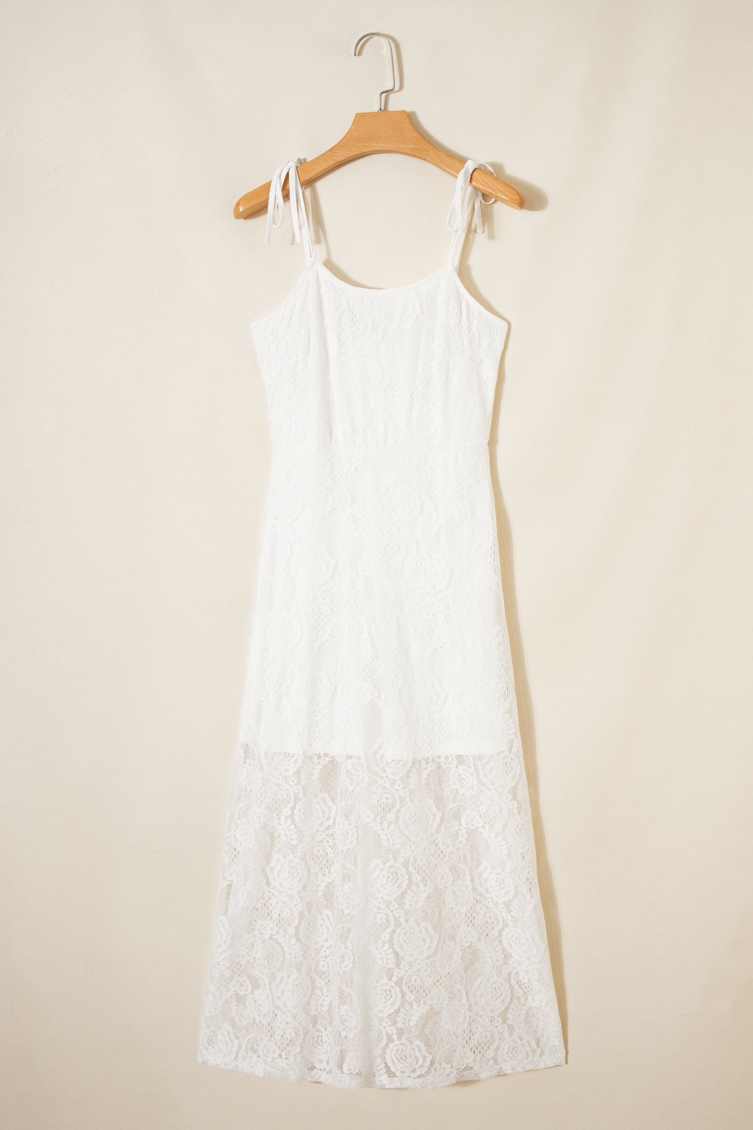 Polished Spaghetti White Tie Straps Floral Lace Overlay Long Dress