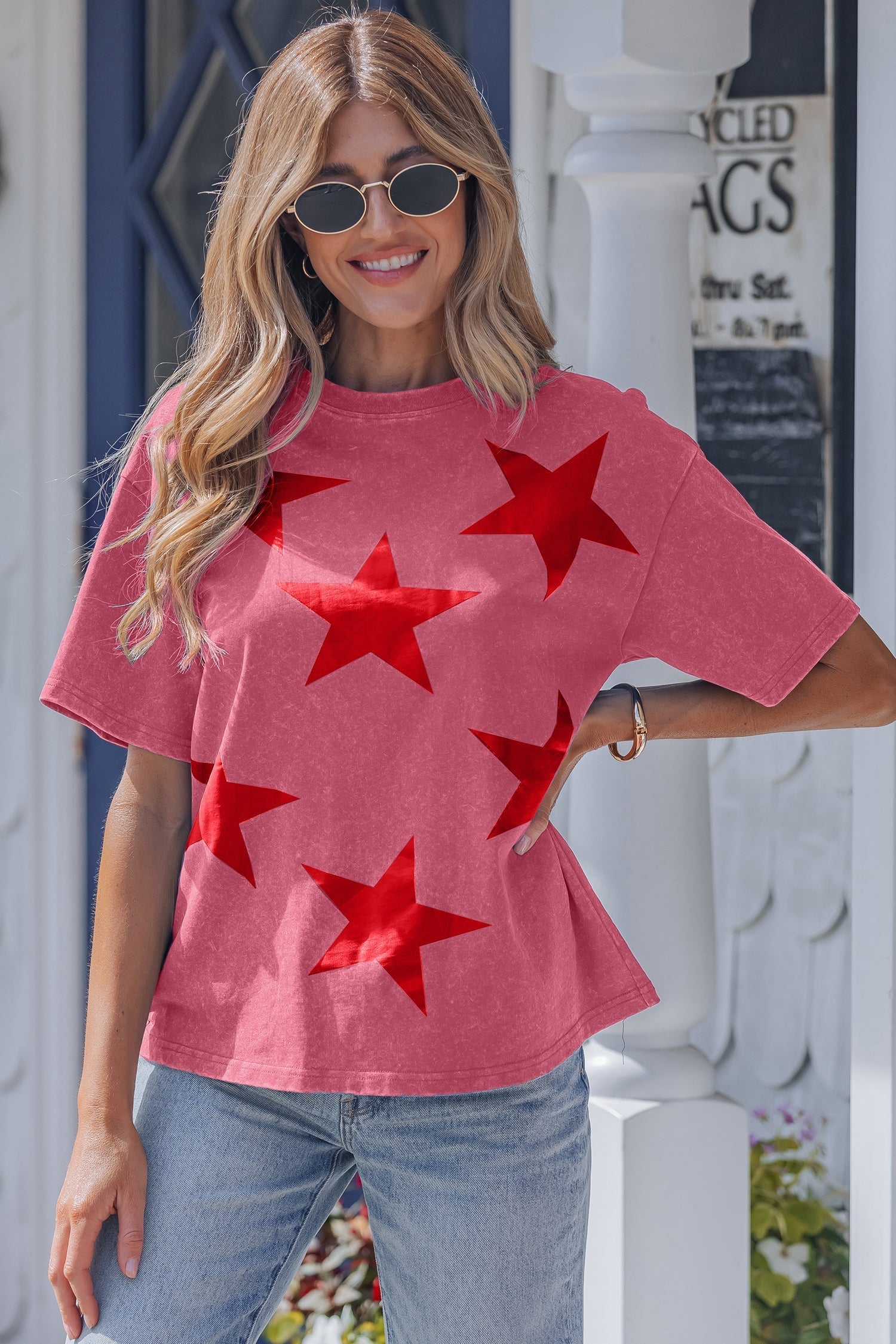 Independence Day Star Printed Mineral Wash T Shirt in Red