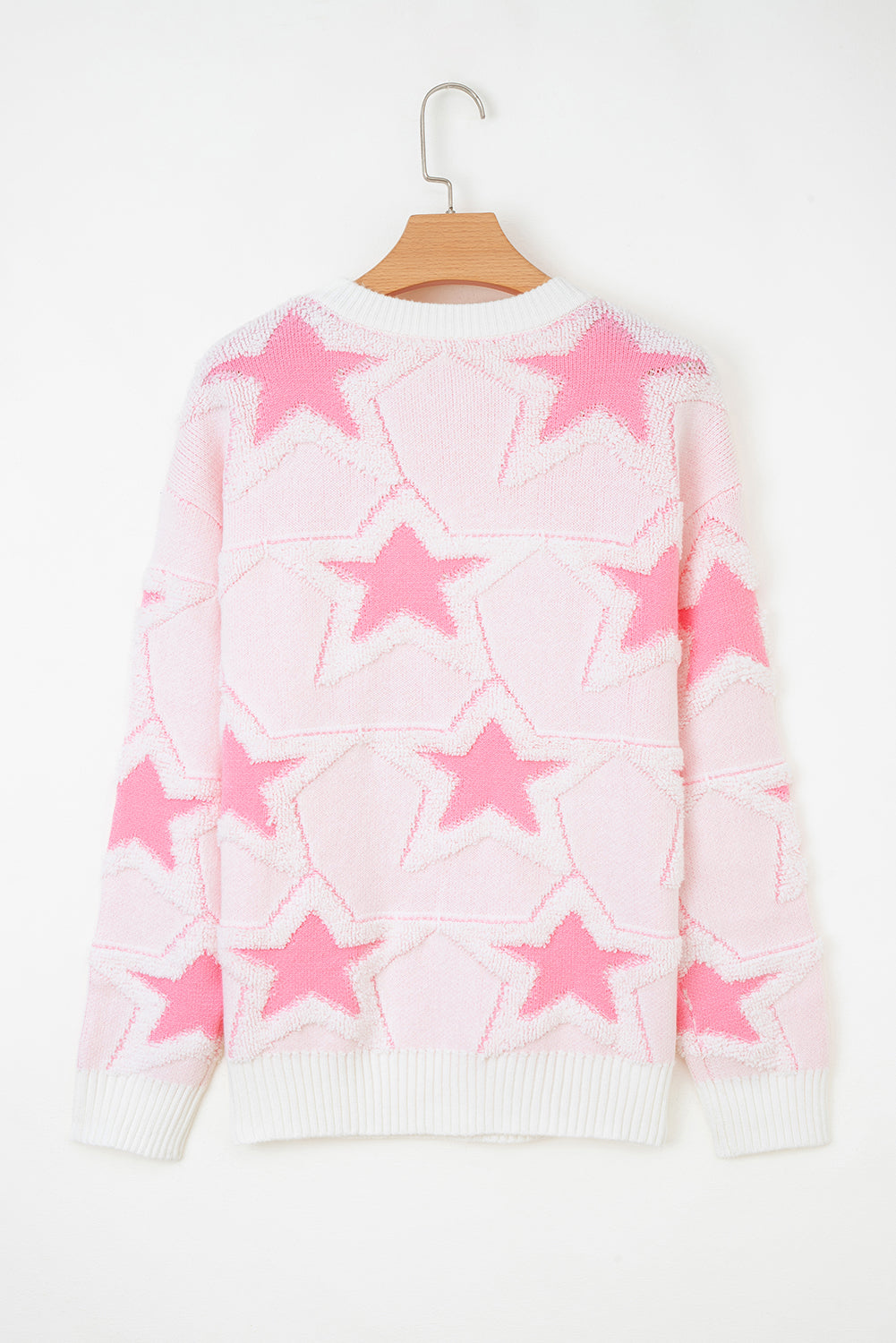 Roomy Cute Star Pattern Rib-Knit Edge Drop-Shoulder Knit Top