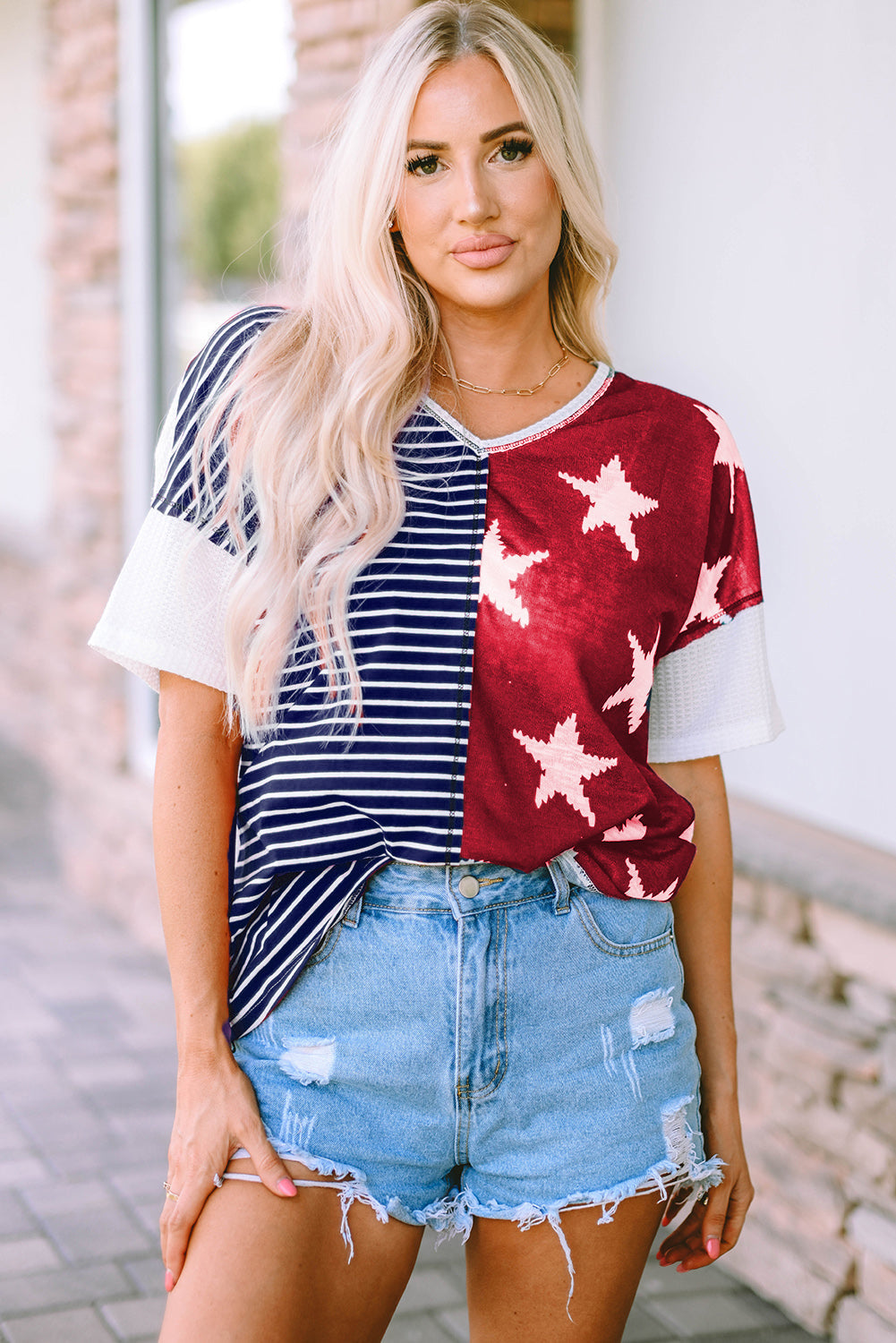 Women's Knit Top Featuring Stripes Stars Print