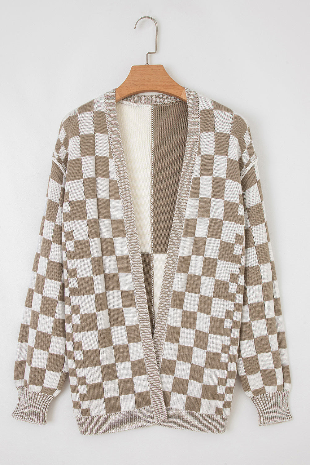 Open-Front Drop-Shoulder Checkered Drop-Shoulder Cardigan in Brown