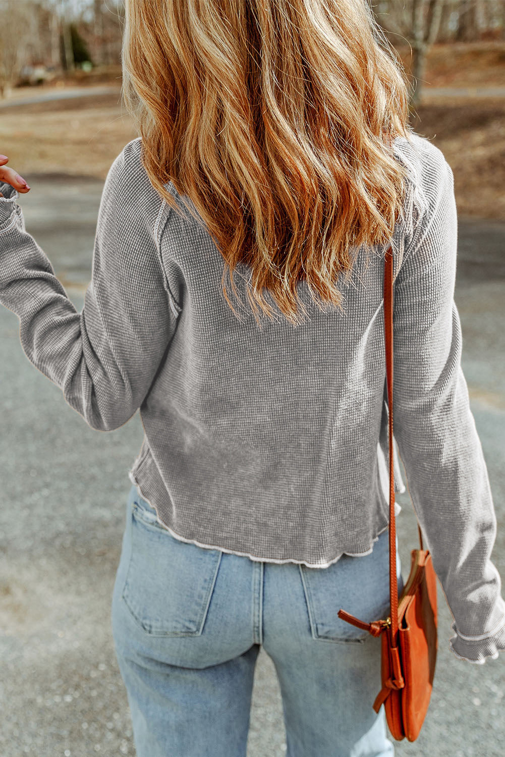 Textured Top Round-Neck Long-Sleeved in Gray