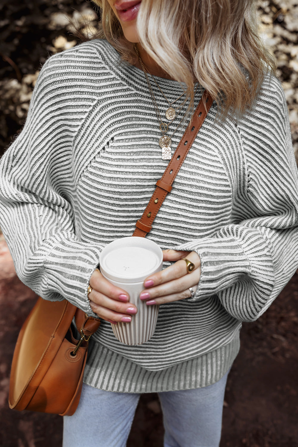 Striped Print Rib-Knit Knit Boat Neck Baggy Knit Top