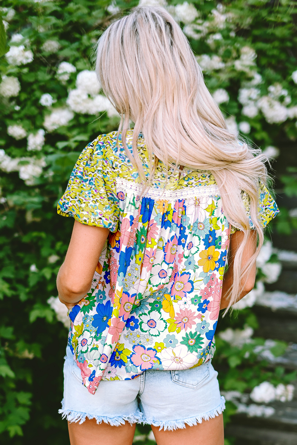 Blouse À Imprimé Floral Mélangé Et Bordure En Dentelle À Manches Bulles