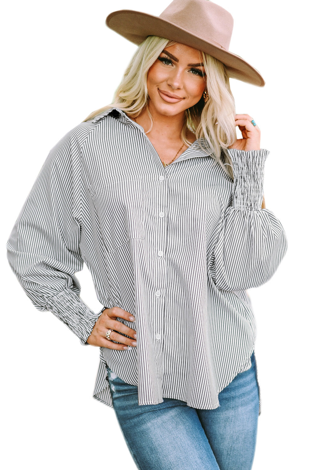 Women's Shirt with Shirred Cuffed Striped Boyfriend