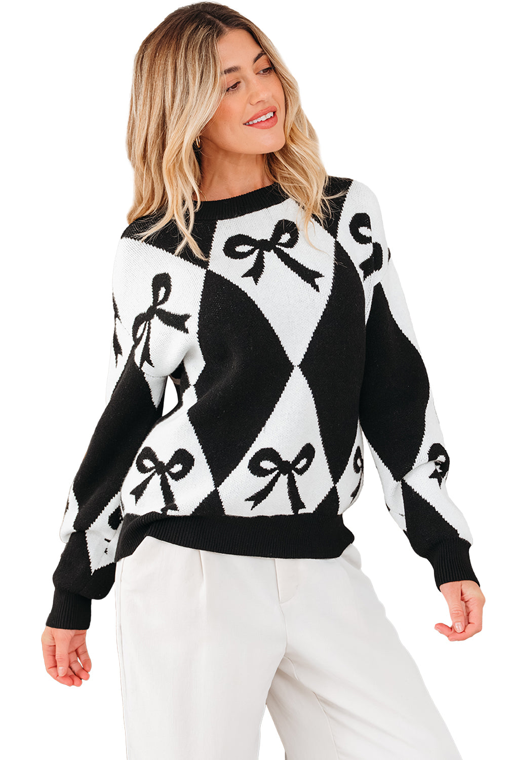 Bow Print 2-tone Rhombus Knit Loose Knit Top