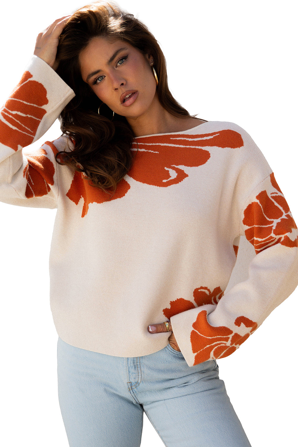 Bold Wide Flower Pattern Sleeve Baggy Knit Top