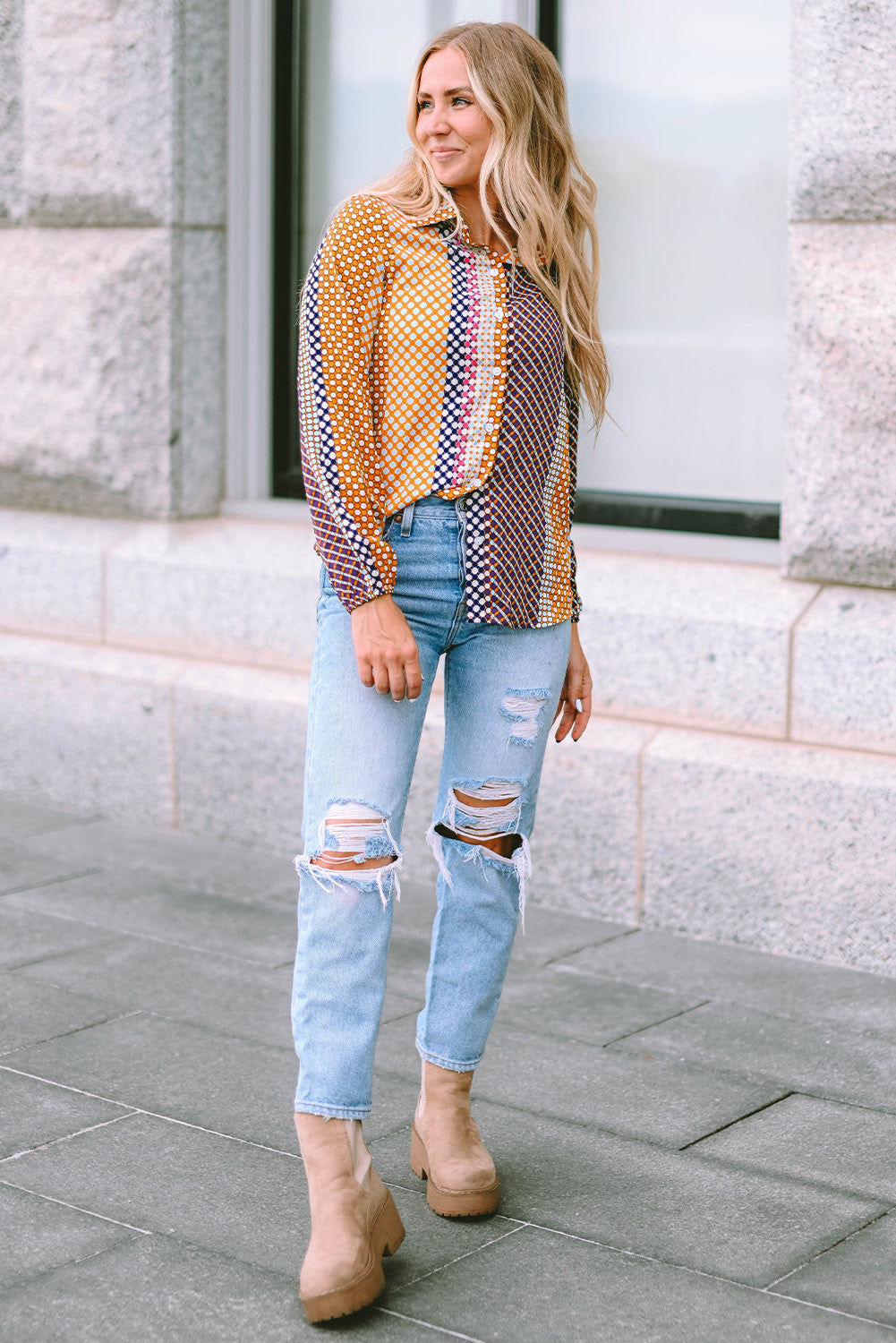 Women's Dot Print Button Down Shif T Shirt