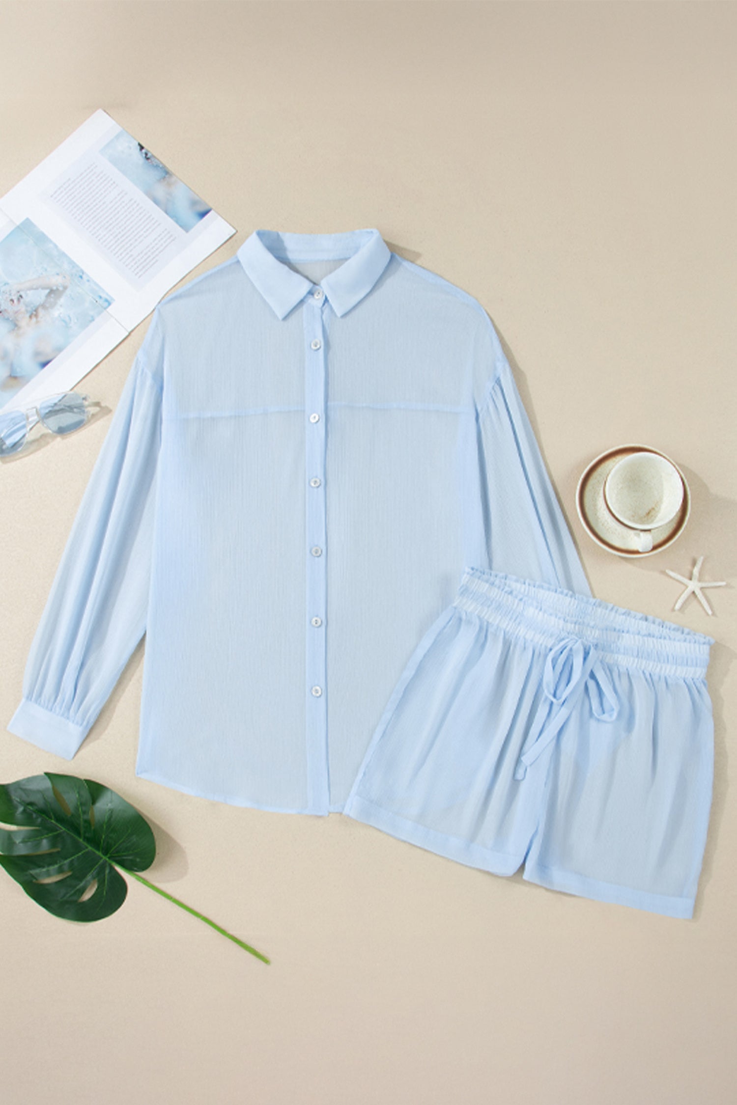 Shirt Sheer Tunic Drawcord Shorts 2pcs Swim Cover Up in Beau Blue