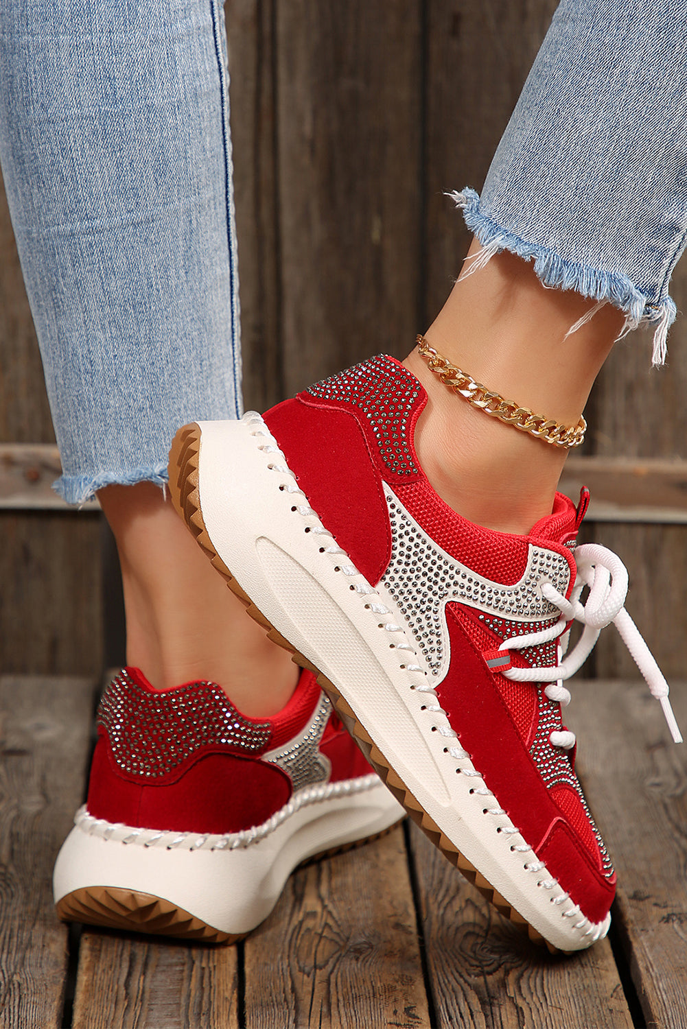 Embellished Colorblock Rhinestone Colorblock Patchwork Lace-up Breathable Sneakers Style