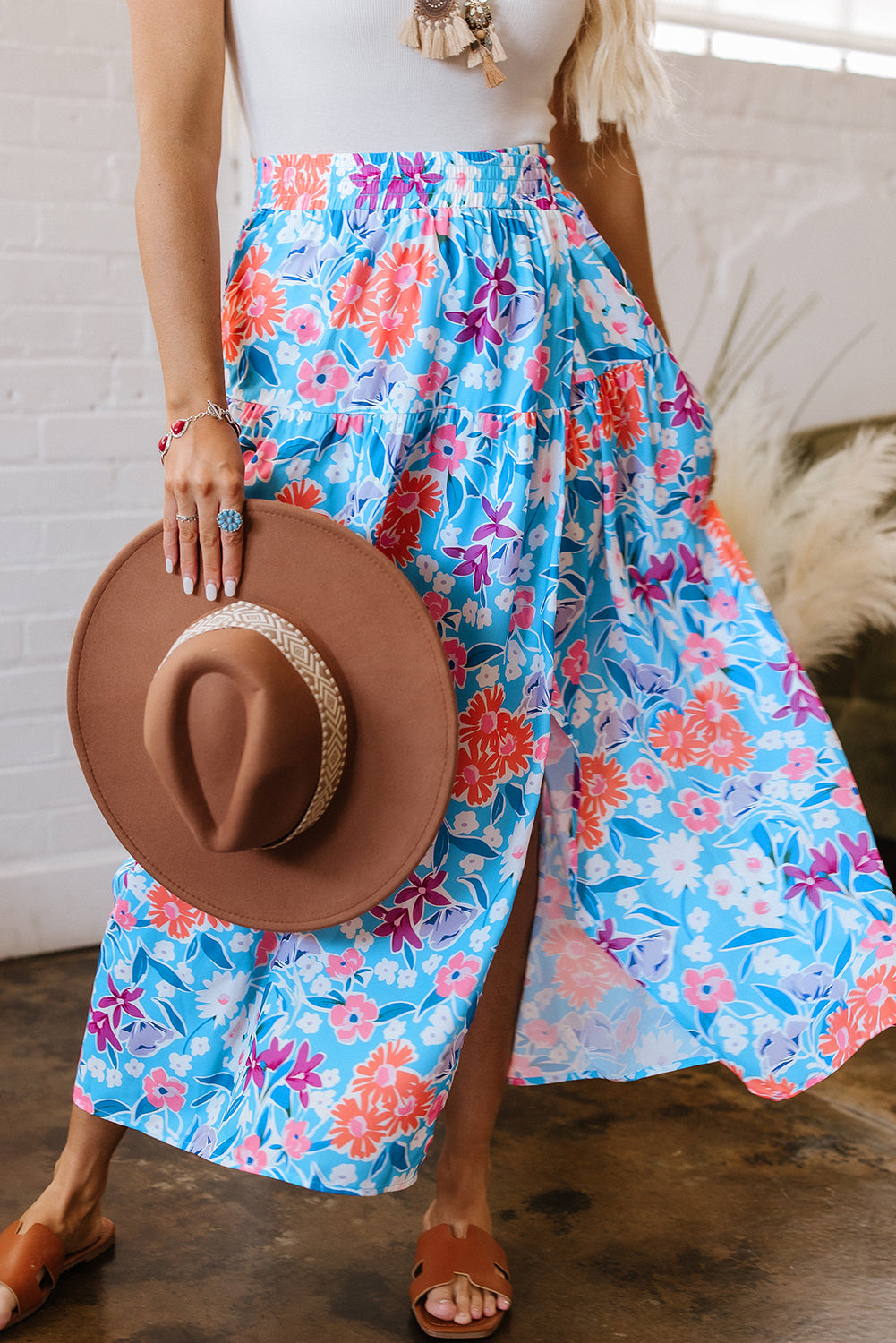 Polished Floral Sky Blue Printed High-Waisted Split Wrap Long Skirt
