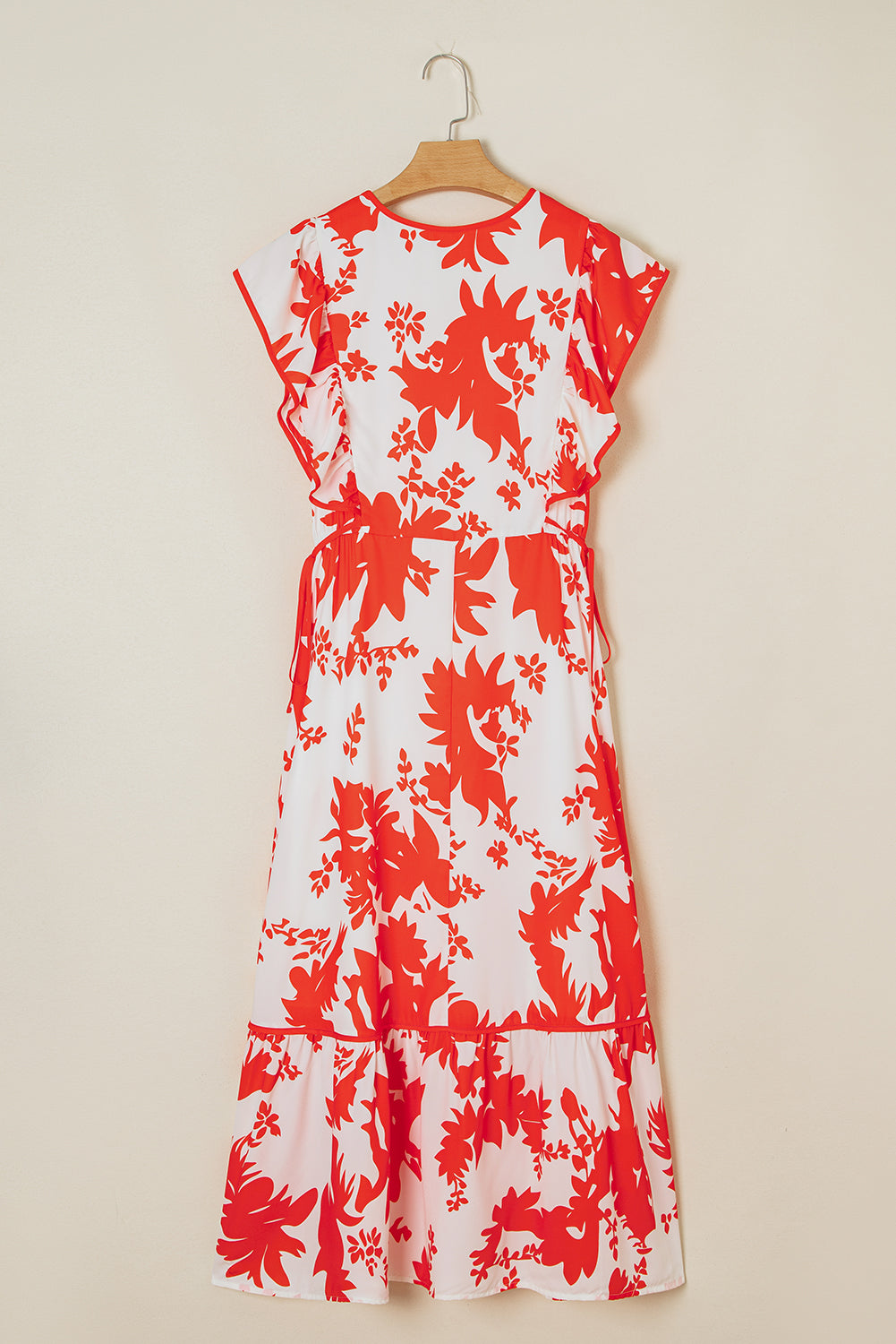 Floral-Print Ruffle Trimmed V-Neck Sleeve Long Dress