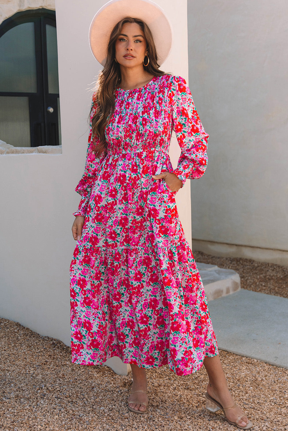 Floral Print Smocked Lantern Sleeve Tiered Maxi Dress