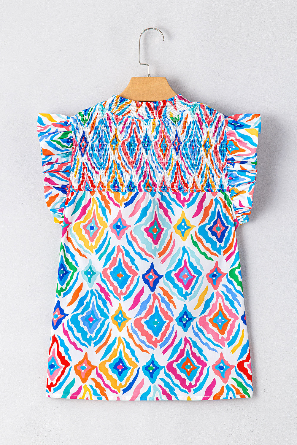 Geometric Printed Mock Neck Shirred Blouse