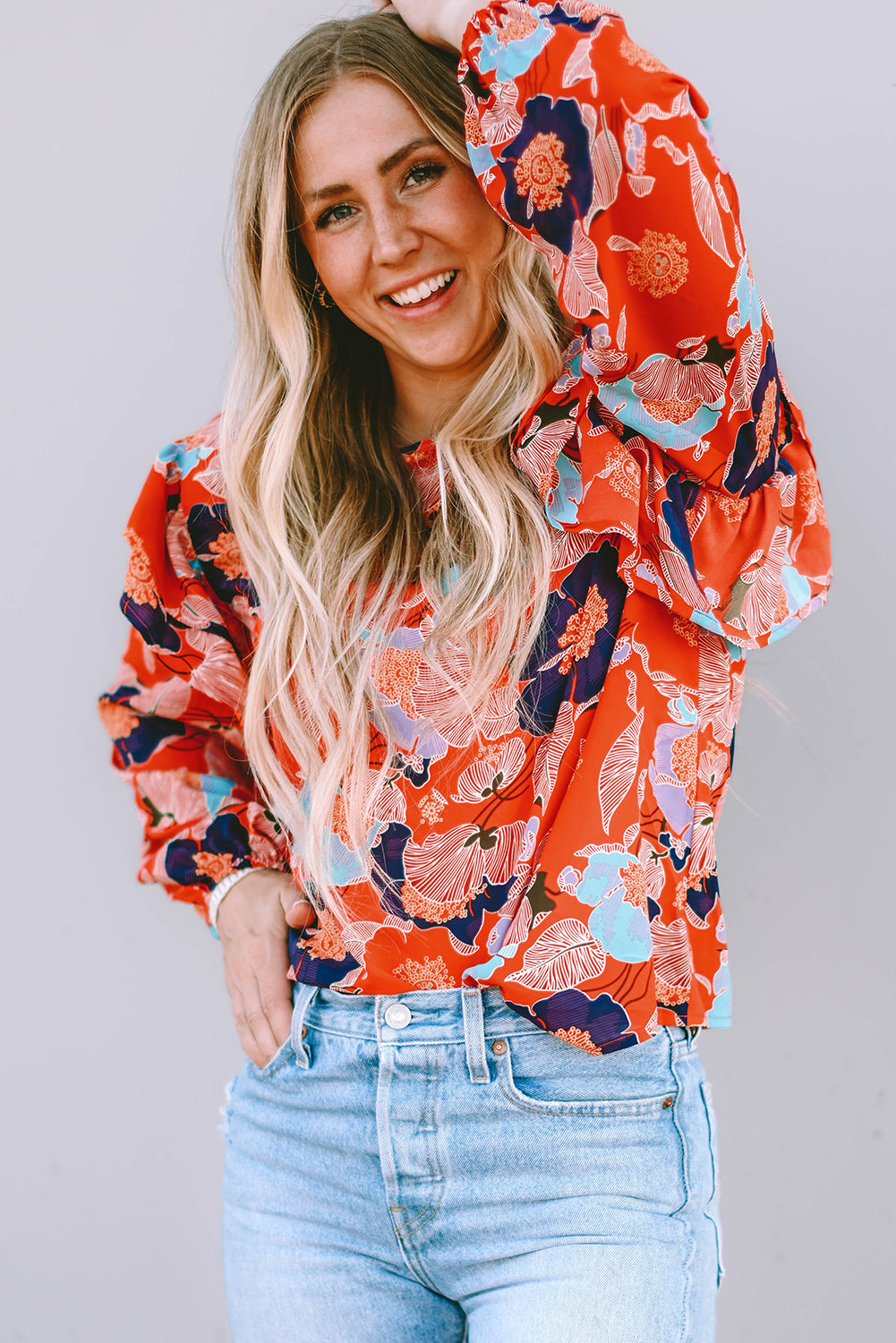 Women's Blouse Featuring Ruffle-Trimmed Balloon Sleeve Floral-Print Print