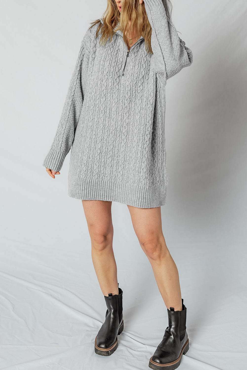 Knit High Cable Quarter Zip Rib-Knit Trim Loose Knit Top Dress