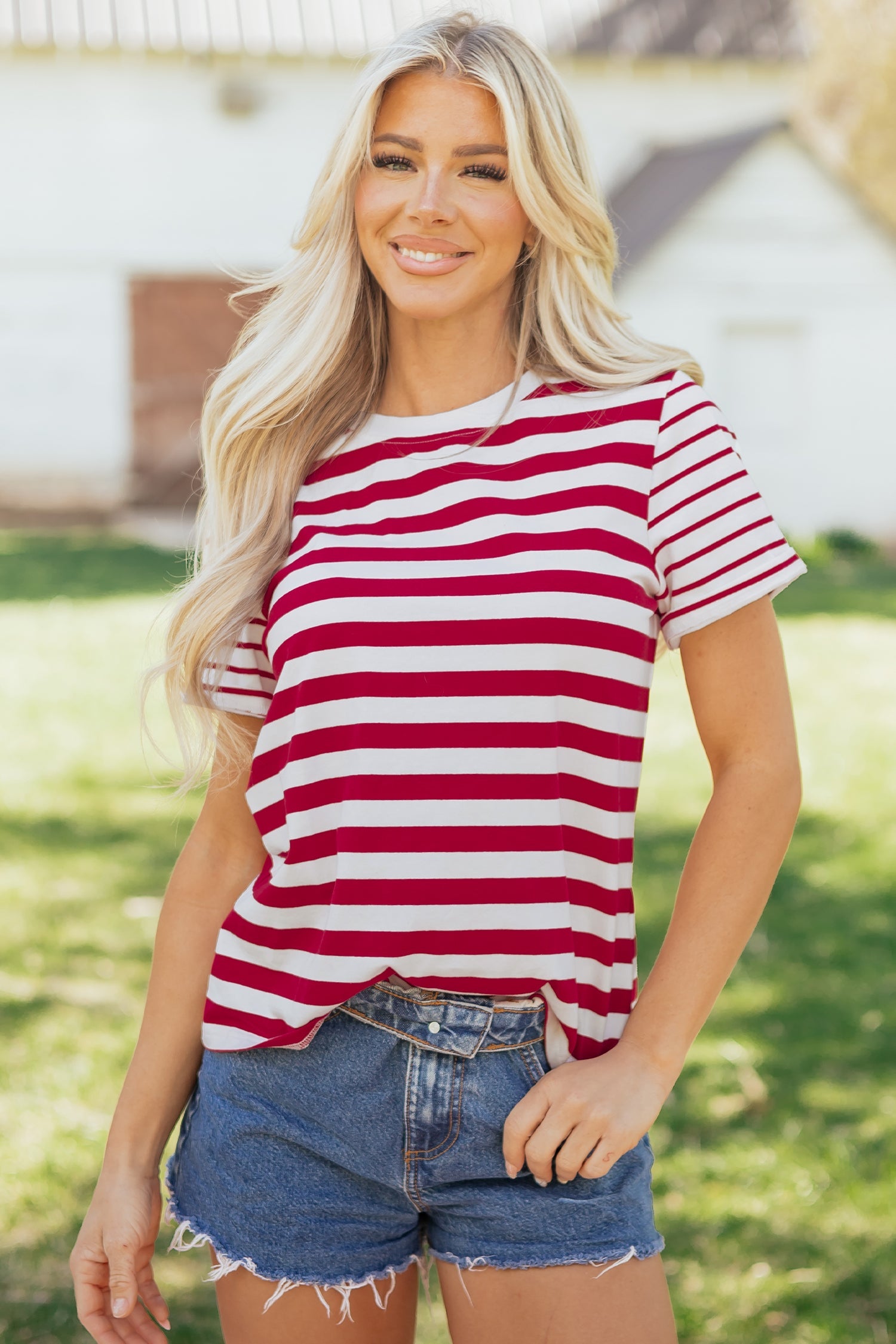 Stripe Patchwork Round-Neck Short-Sleeved T Shirt in Red