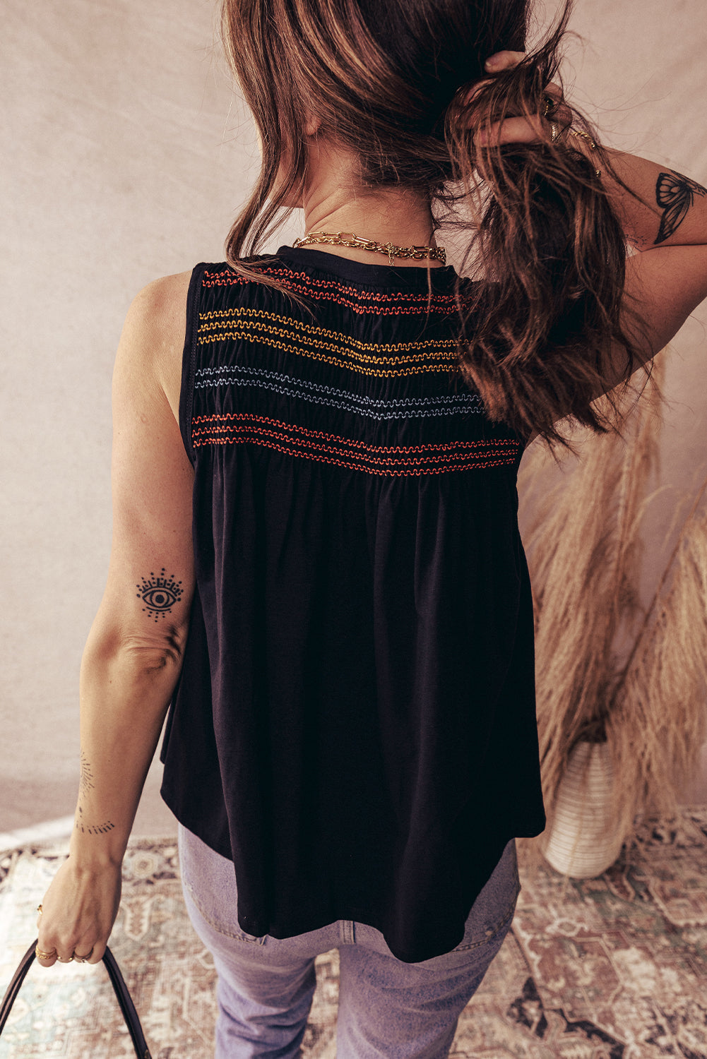 Shirred Yoke Colorful Yoke Notched V-Neck Tank Top