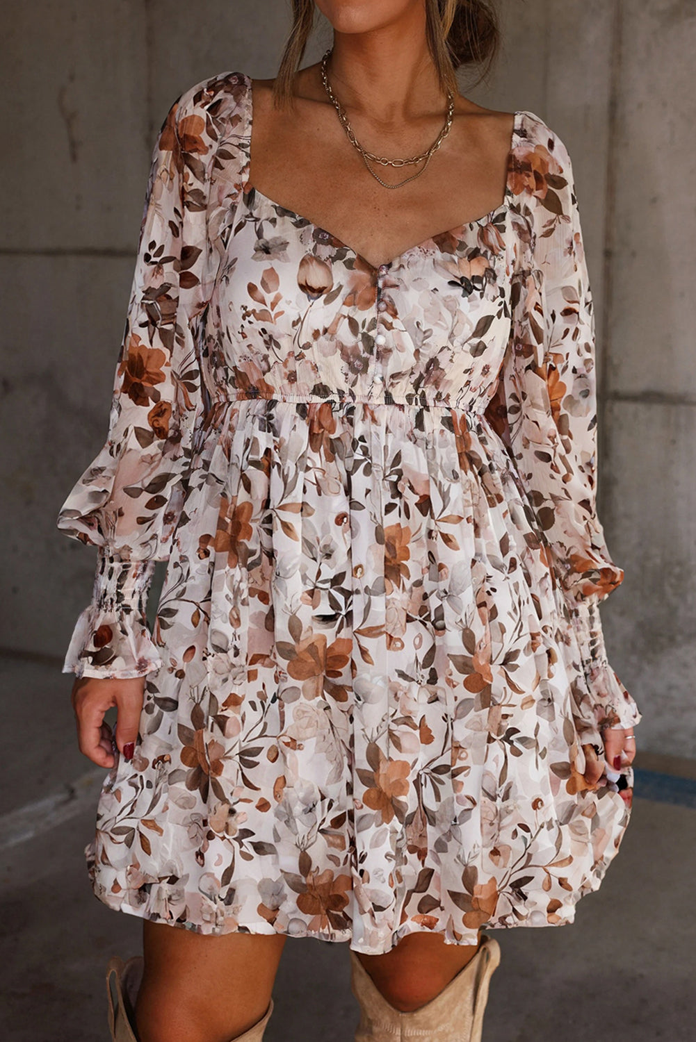 Sweetheart Neck Floral-Print Neck Long-Sleeved High-Waisted Mini Dress