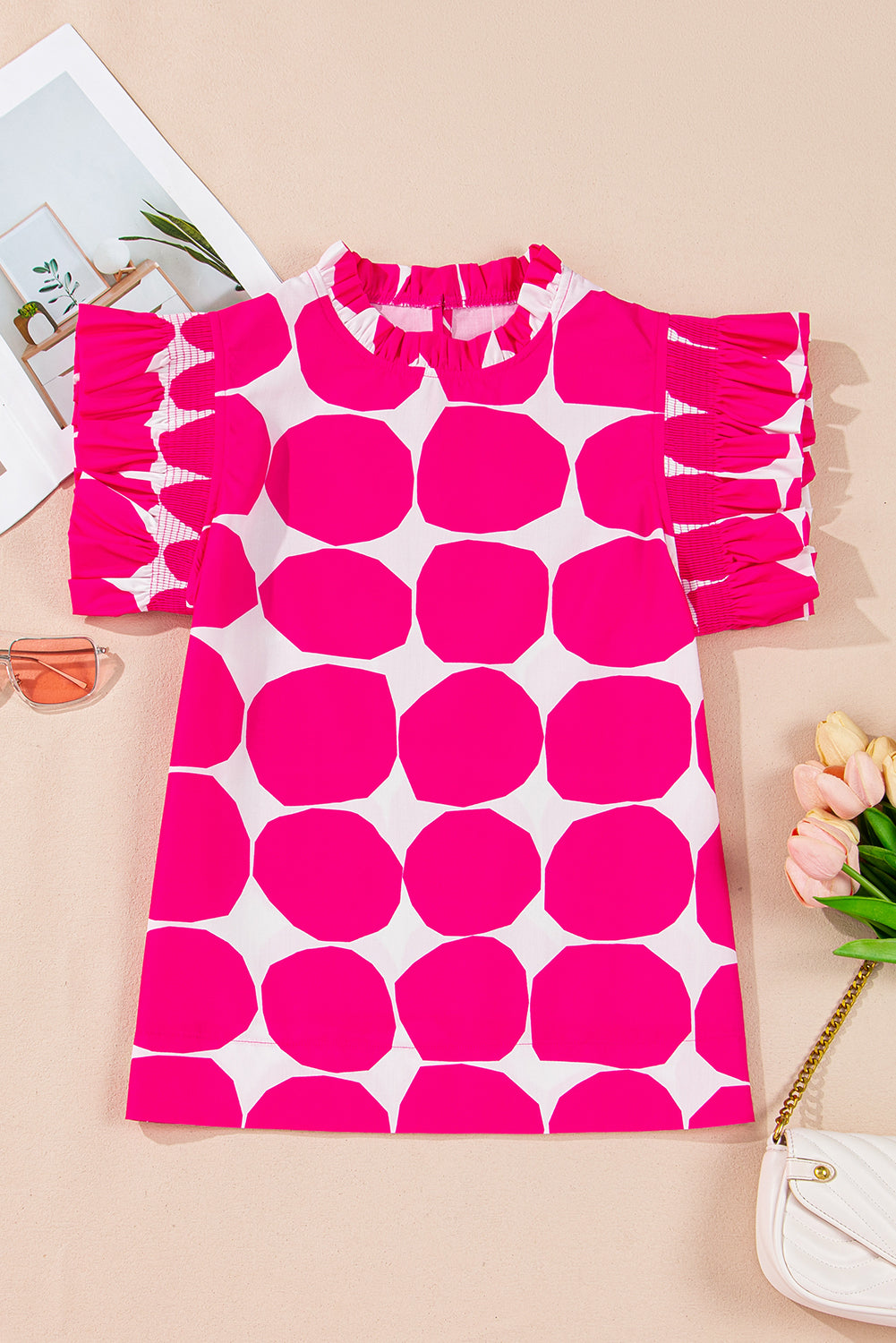 Rose Bubblegum Pattern Flutter Sleeve Top