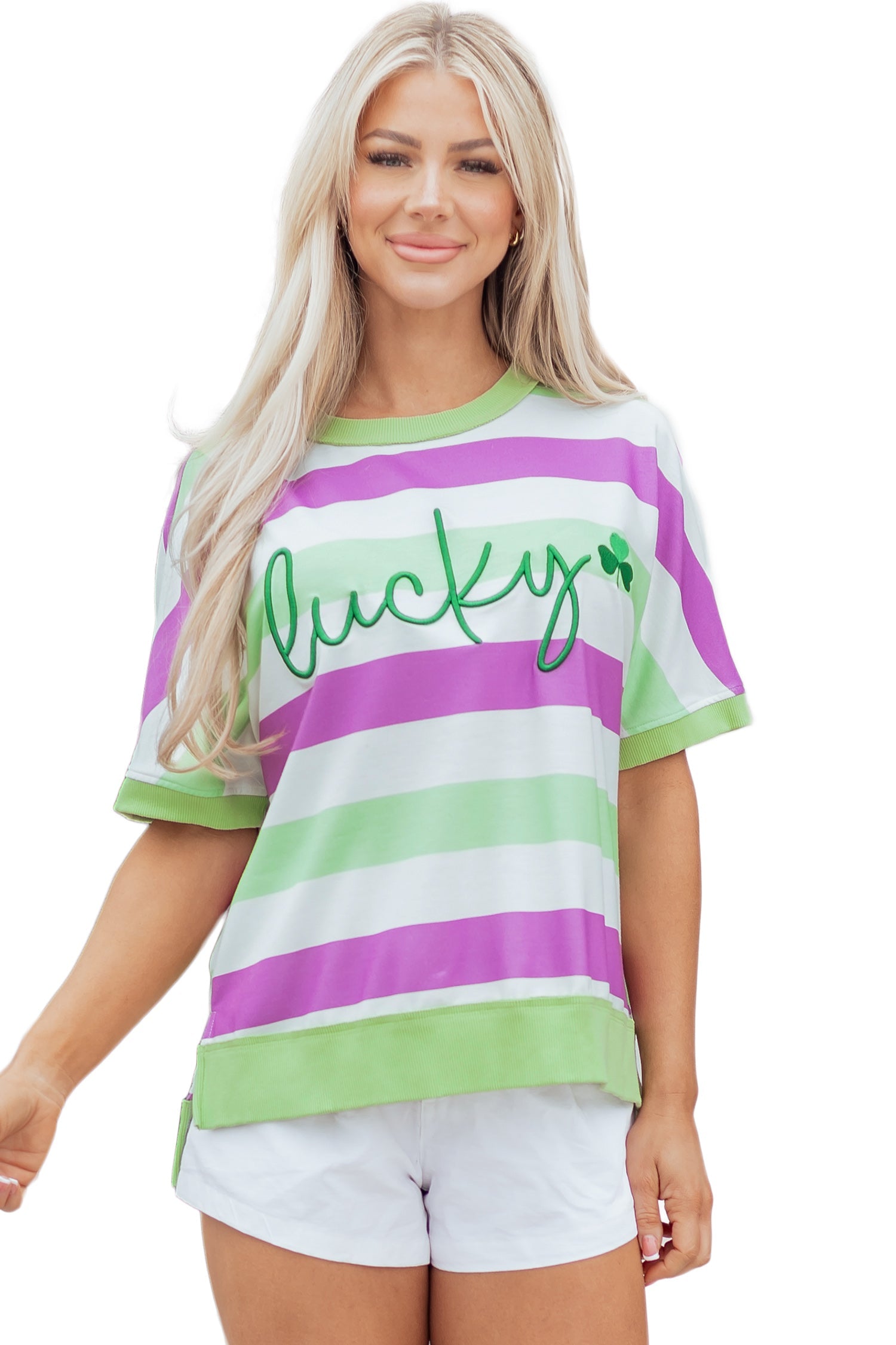 Embroidered Lucky Clover Graphic Dolman Loose Tee